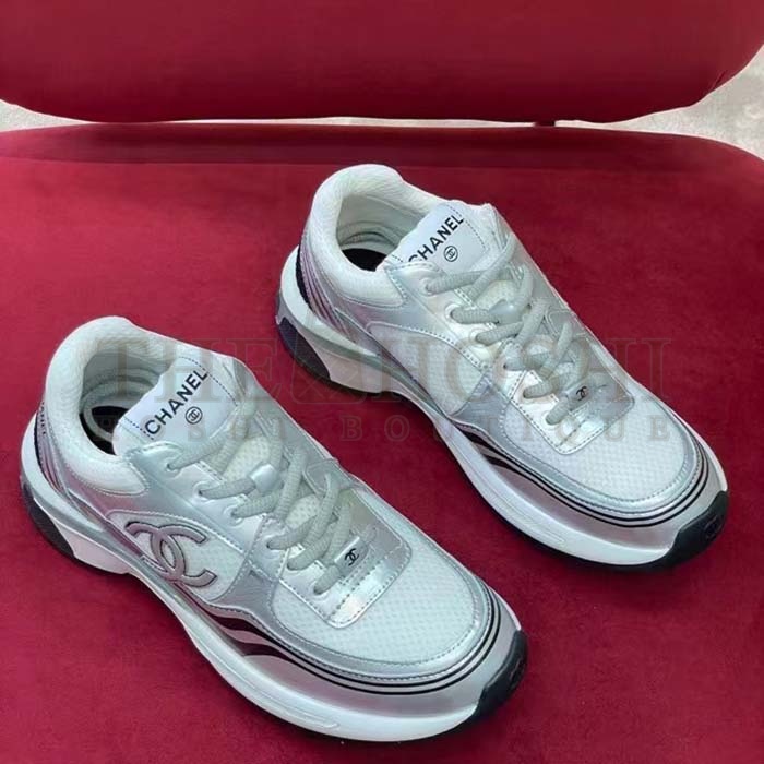 Ch**el trainer shoes Women CC Sneakers Fabric Laminated White Silver Master Quality