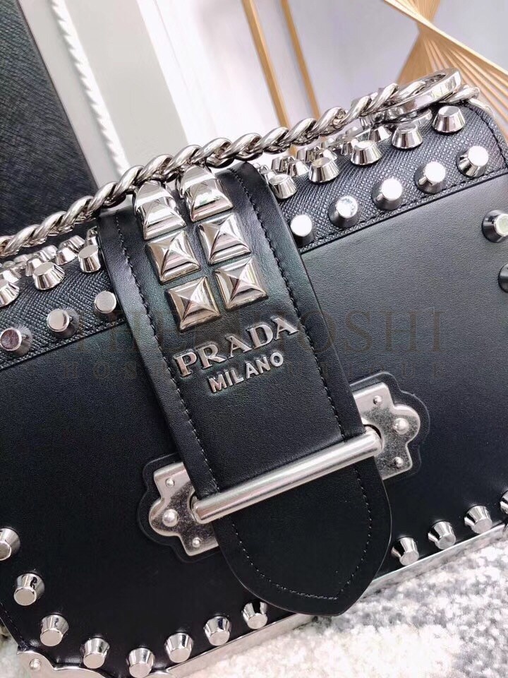Pra*a Cahier Black Leather Shoulder Bag with Studded Master Quality