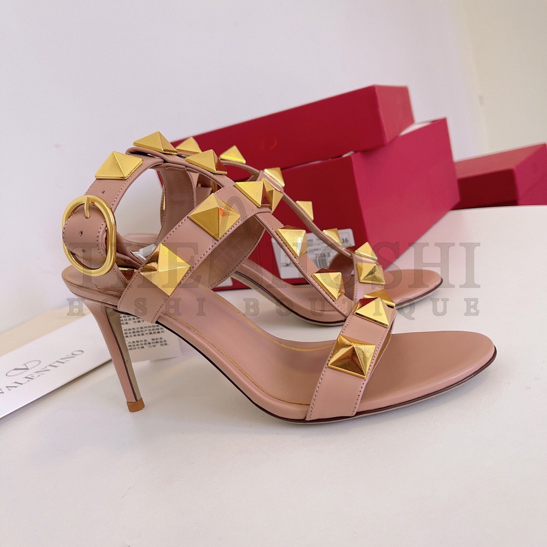 Va1e*ntin0 Roman Stud Sandals 100mm In Rose Cannelle Calfskin Master Quality