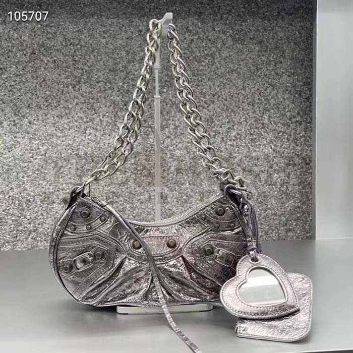 Ba1en*iaga Women BB Le Cagole XS Shoulder Bag Silver Metallized Arena Lambskin Master Quality