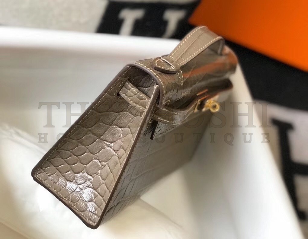 H**me5 Kelly Pochette Bag In Taupe Embossed Crocodile Leather Master Quality