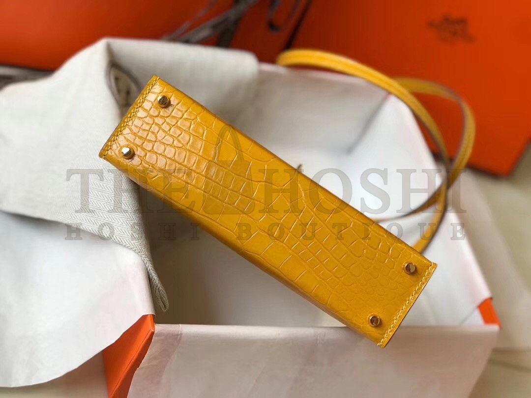 H**me5 Kelly Mini II Bag In Yellow Crocodile Embossed Leather Master Quality