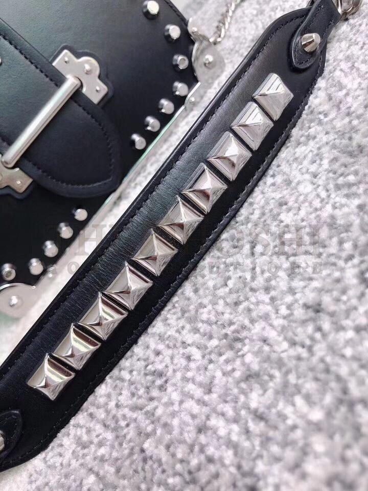 Pra*a Cahier Black Leather Shoulder Bag with Studded Master Quality