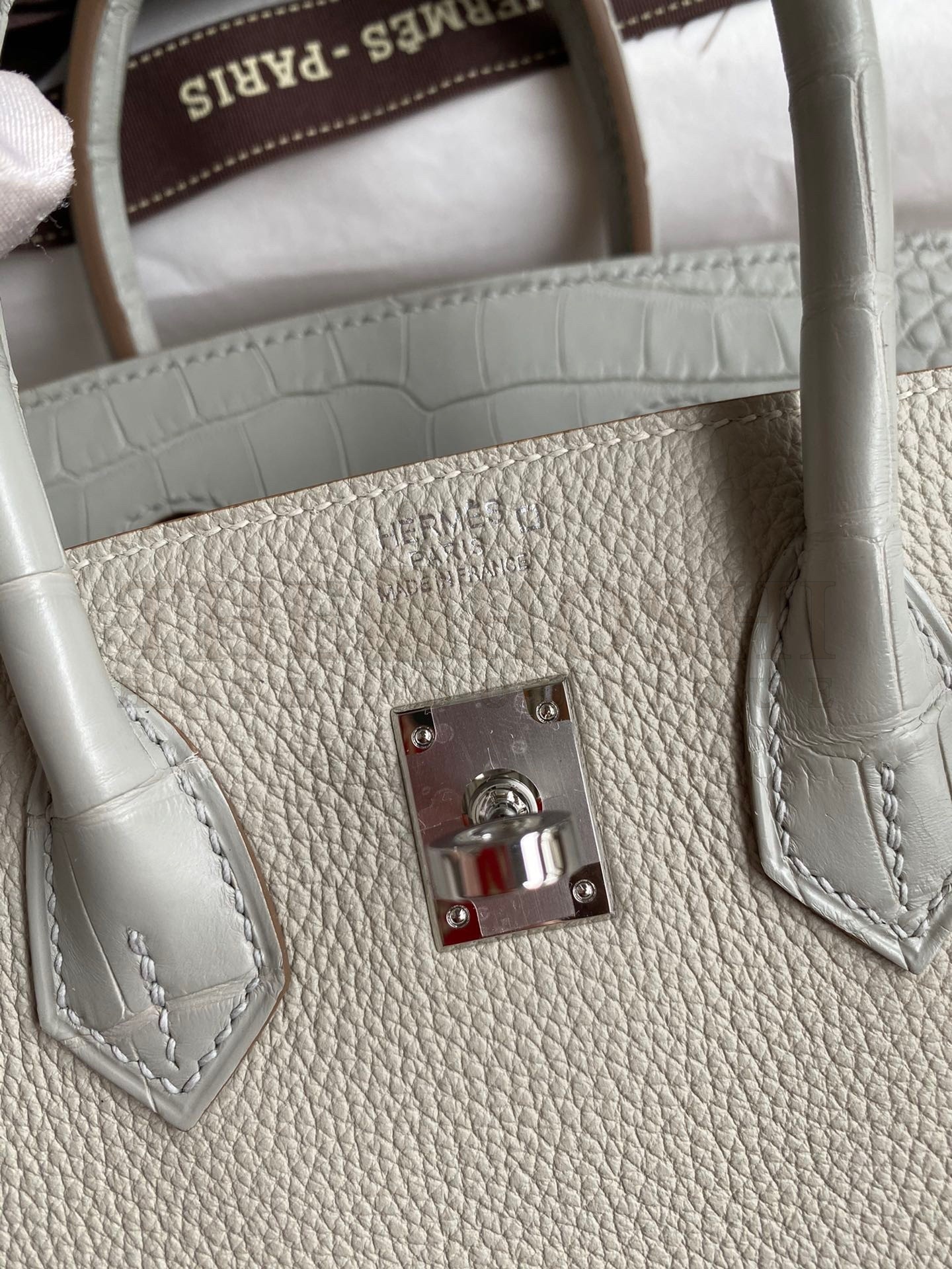 H**me5 Touch Birkin 25 Bag in Pearl Grey Togo and Matte Alligator Leather Master Quality