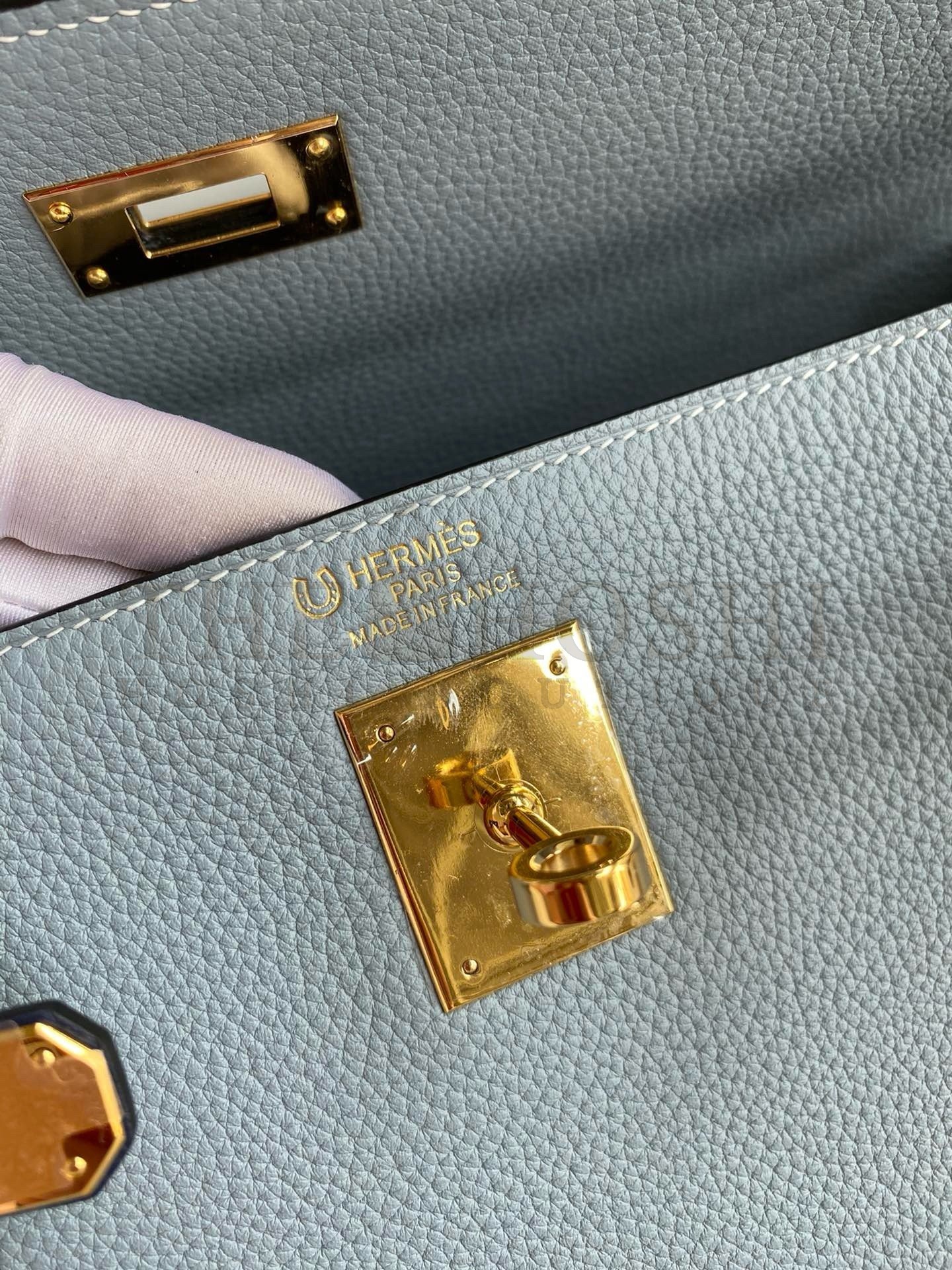 H**me5 HSS Kelly 32 Bicolor Bag in Blue Lin and Blue Clemence Leather Master Quality