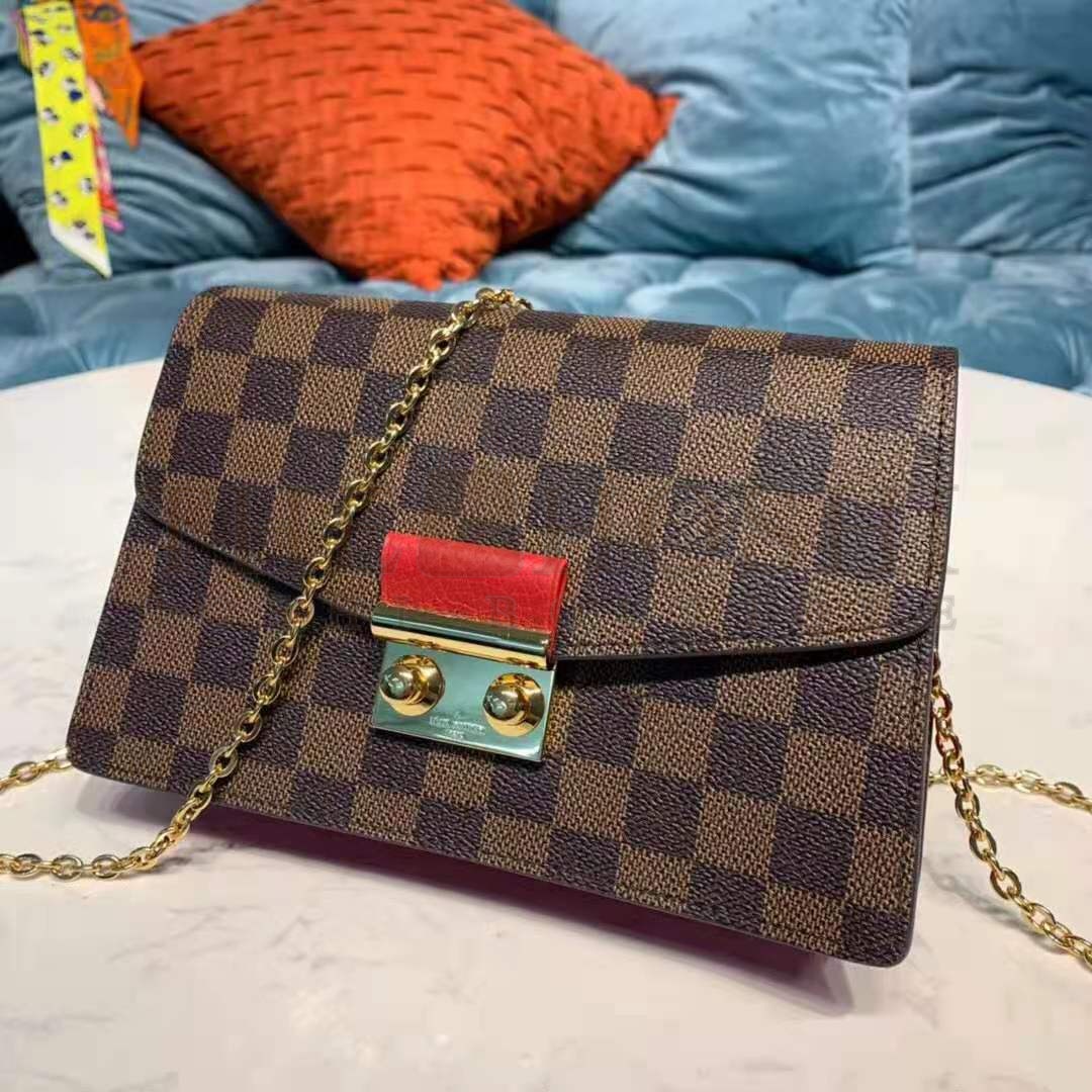 L0vis Vvtt0n LV Women Croisette Chain Wallet Scarlet Red Damier Ebene Coated Canvas Master Quality