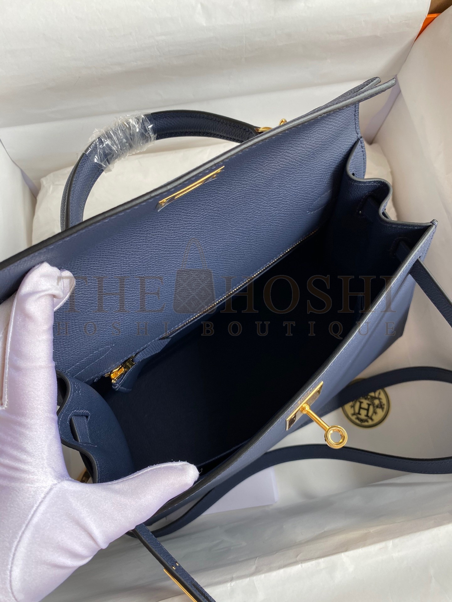 H**me5 Kelly Sellier 28 Handmade Bag In Blue Saphir Epsom Calfskin Master Quality