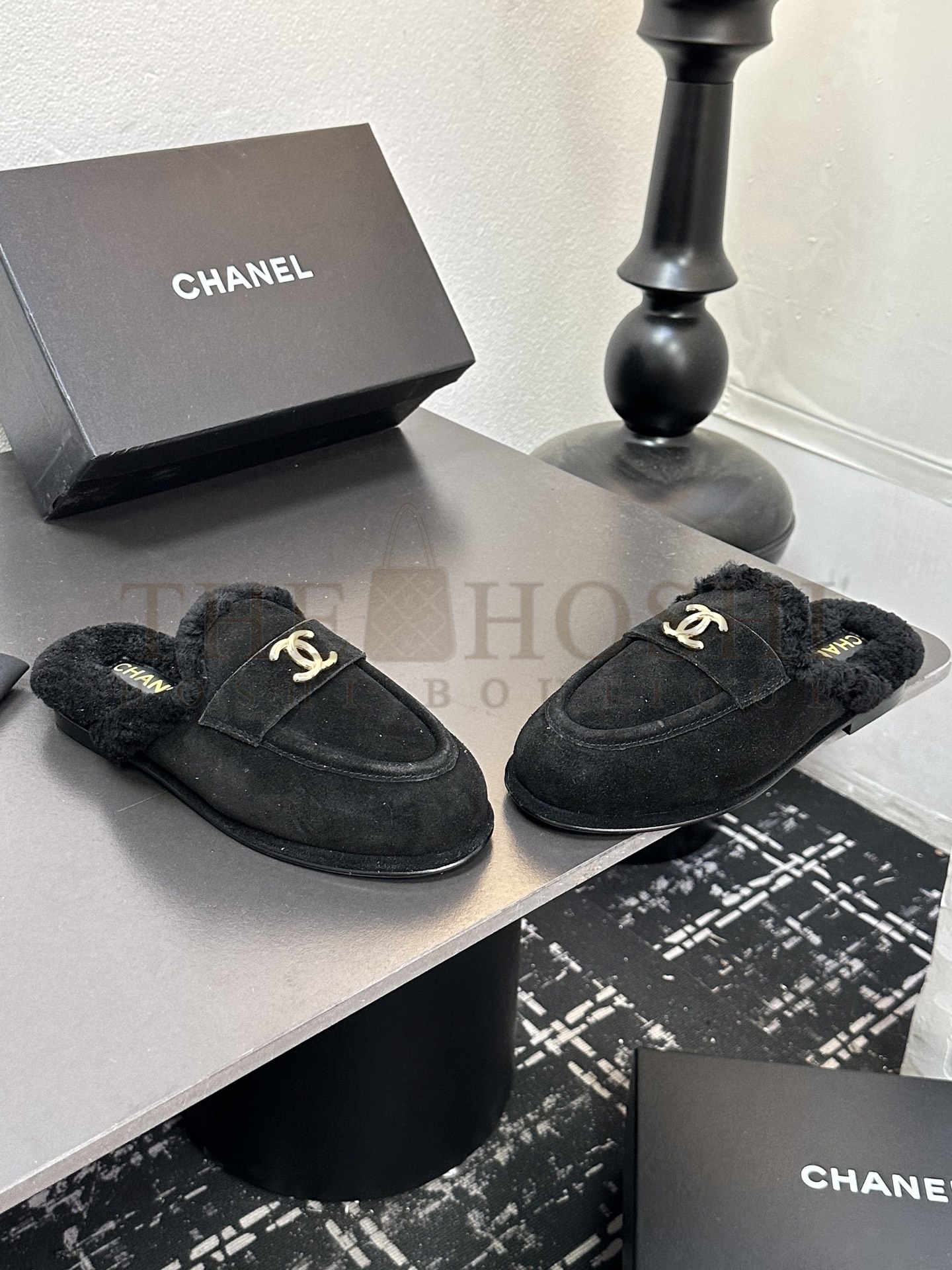 Ch**el CH 25K Fur Mule Slippers Suede Leather Shearling Lined 35-41 Master Quality