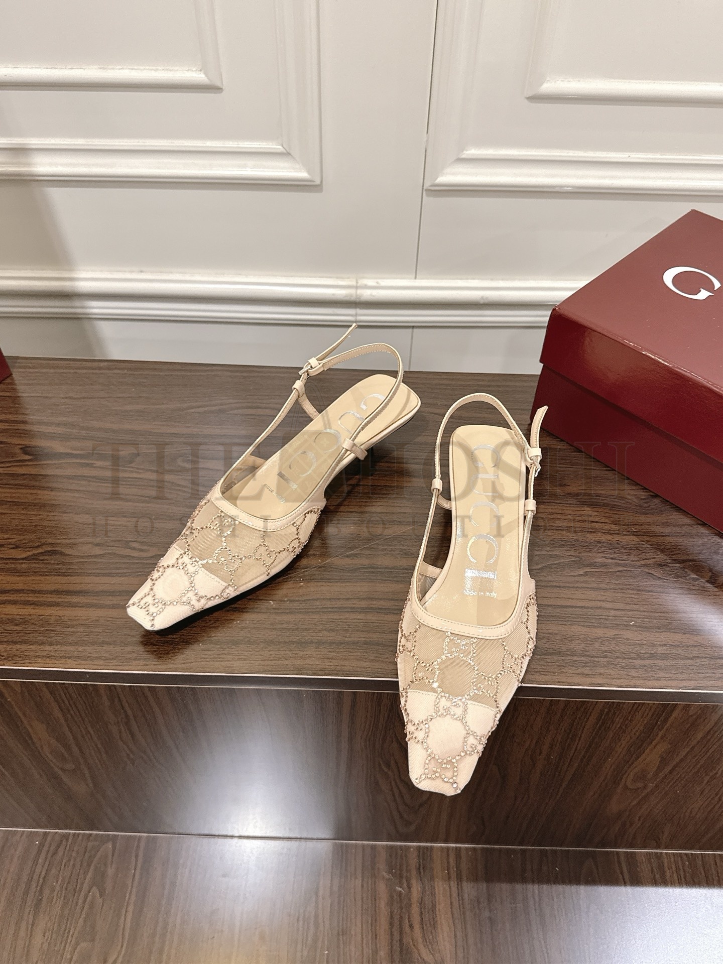 Gvc*1 GG Aria Mesh Crystal Heels Women’s Shoes Sheepskin Insole 35‑42 Master Quality