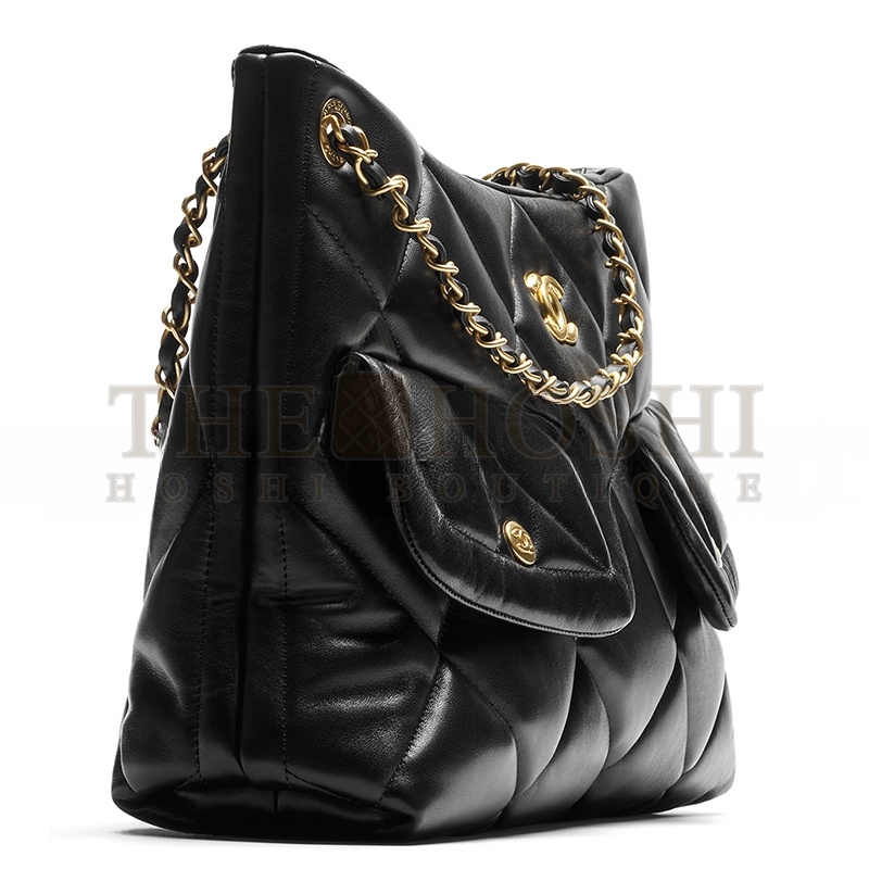 Ch**el SHOPPING BAG SHINY LAMBSKIN &amp; GOLD-TONE METAL BLACK AS5740 (38*26*11cm) Master Quality