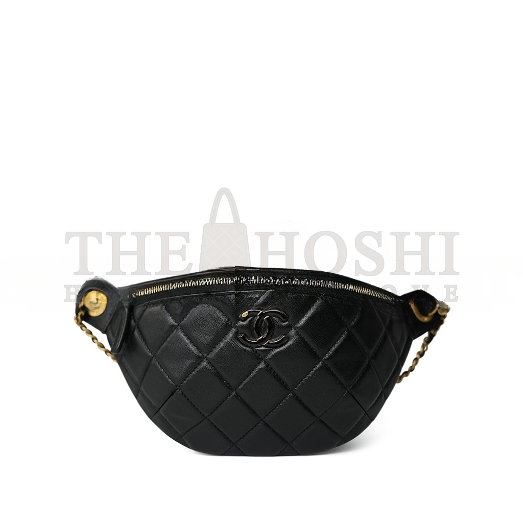 Ch**el 24A BLACK LAMBSKIN QUILTED WAIST BAG BUMBAG ENAMEL CC CHAIN GOLD HARDWARE AS4113 (27*13cm) Master Quality