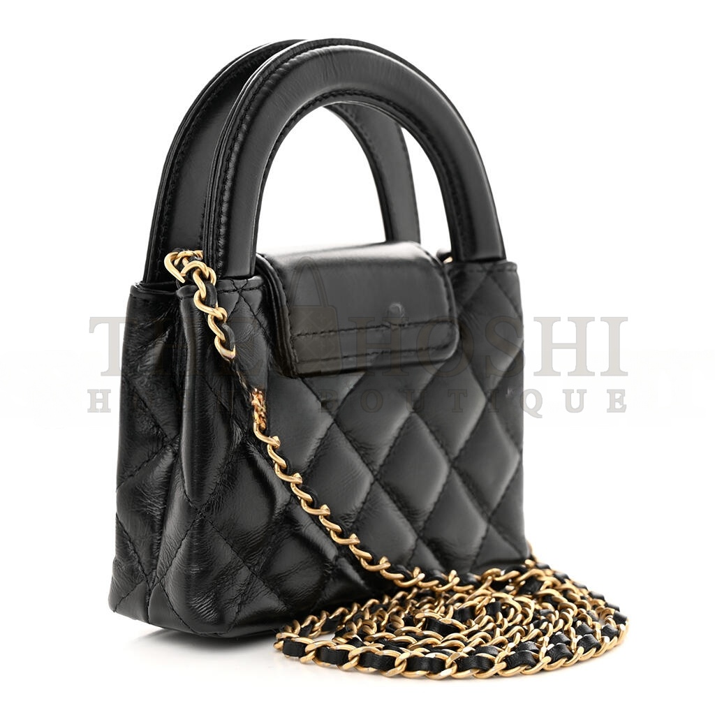 Ch**el SHINY CALFSKIN QUILTED MINI NANO KELLY SHOPPER BLACK (12.5*8*4cm) Master Quality