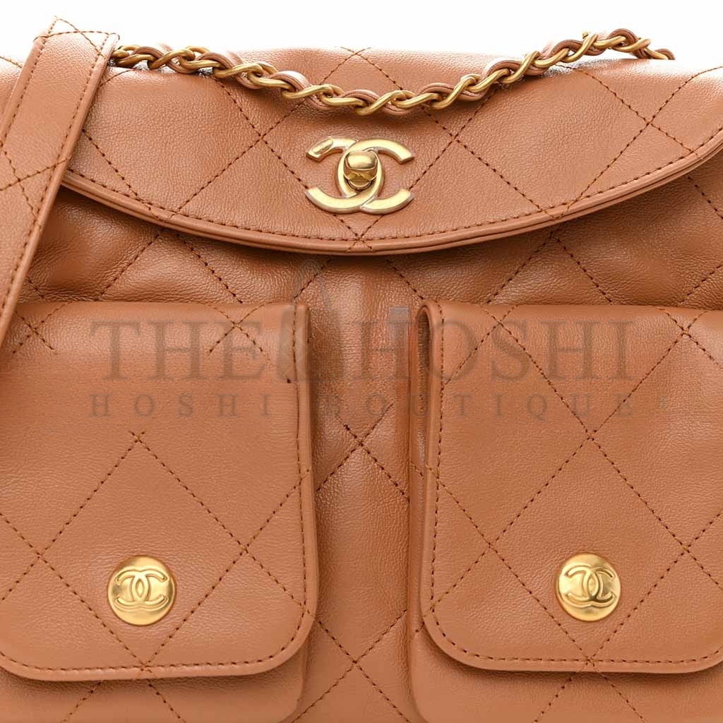 Ch**el SHINY CALFSKIN QUILTED S*pPLE TWINS SMAL HOBO BAG BROWN (24.5*19*5cm) Master Quality