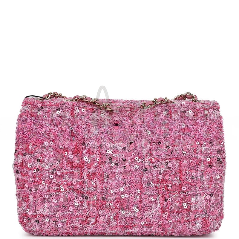 Ch**el MINI CLASSIC RECTANGULAR FLAP BAG PINK TWEED AND SEQUIN GOLD HARDWARE 192410 (20*13*6cm) Master Quality