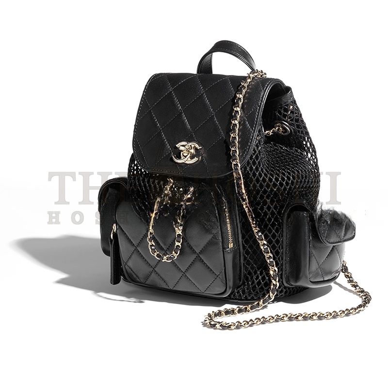 CHANE BACKPACK MESH, SHINY LAMBSKIN &amp; GOLD-TONE METAL BLACK AS5484 (25*23*14cm) Master Quality