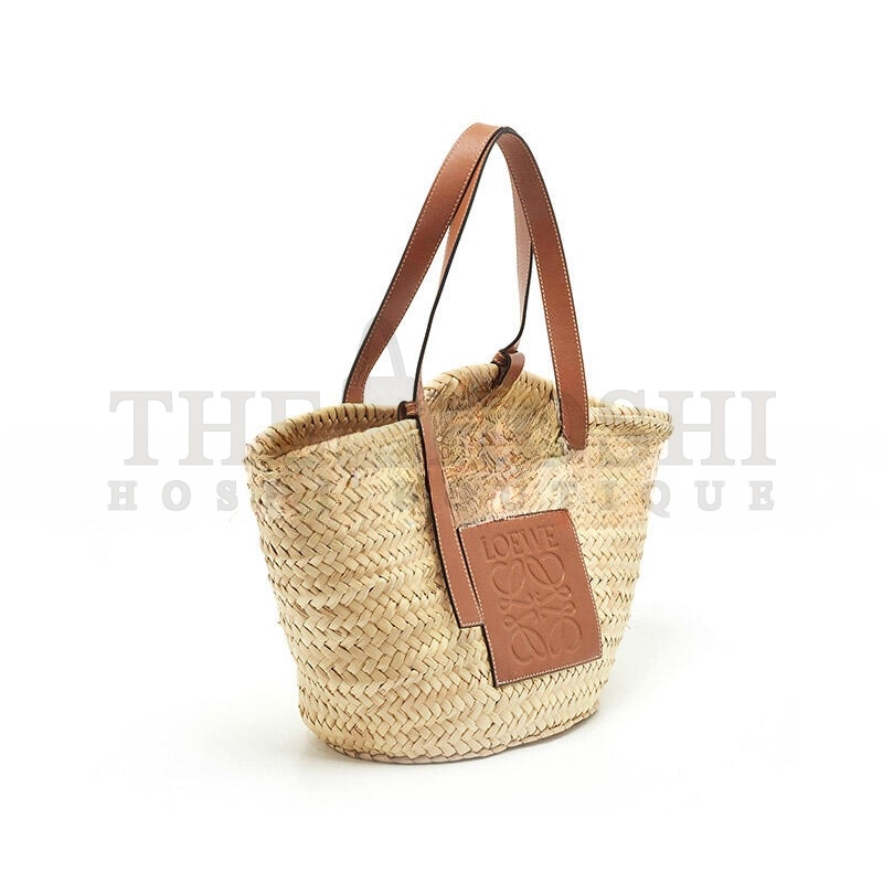 L0ew* BROWN NATURAL PALM LEAF AND LEATHER MEDIUM BASKET TOTE (44*26*13.5cm) Master Quality