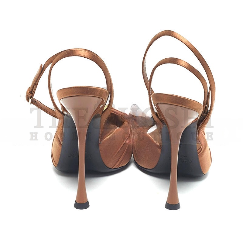 Y51 BROWN SATIN AND STRETCH FABRIC LOLA ANKLE STRAP SANDALS Master Quality